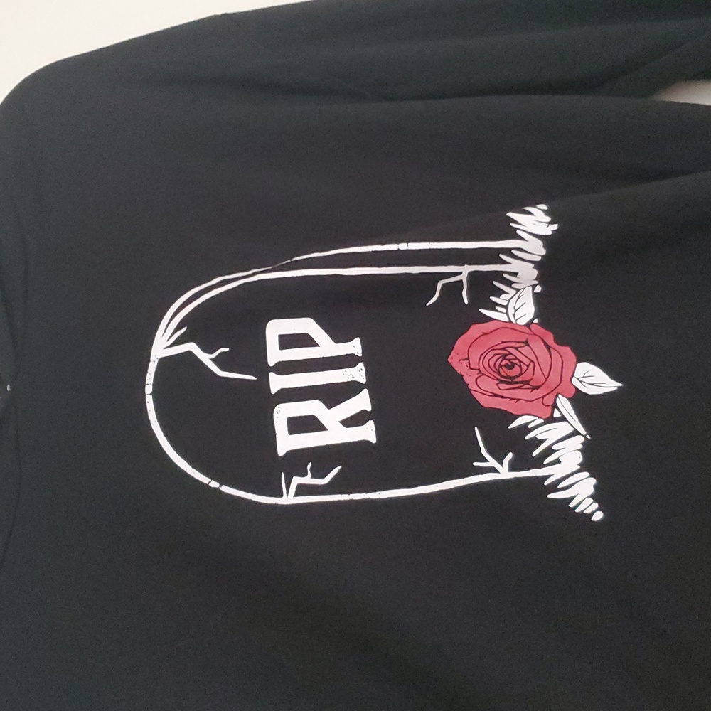 Hot Topic Black RIP Tombstone Rose Netted Graphic Hoodie - Picture 3 of 14